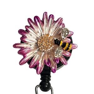 Pink White Flower Bee ID Swivel Badge Holder with Retractable Lanyard